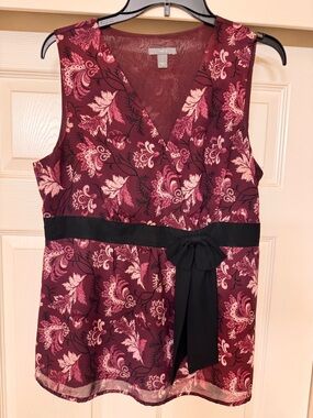 Apt.9 Charming Burgundy Floral Wrap Top with Black Waist Sash
